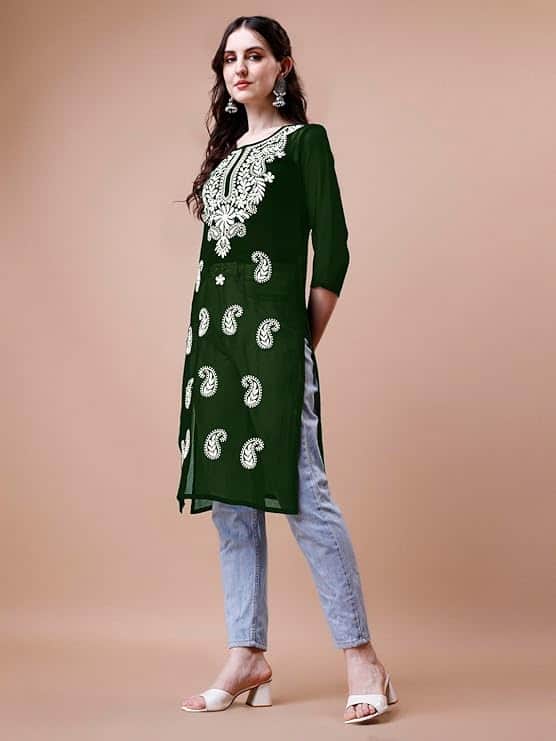 EthnicJunction Women's Georgette Embroidered Patch Work Straight Short Kurta