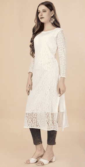 Forkey Women Chikan Embroidery Net A-line Kurta In White