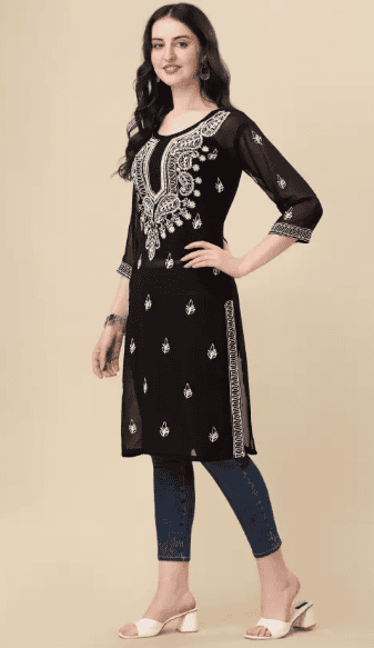 Shree Ramkrishna Fab Women Chikan Embroidery Georgette A-line Kurta In Black